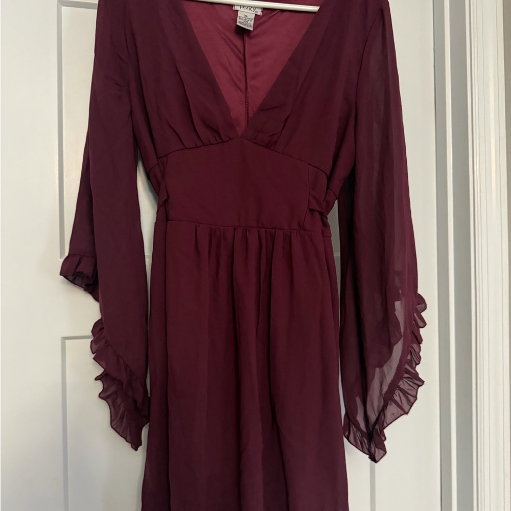 Wine Long-Sleeve V-Neck Ruffle Dress
